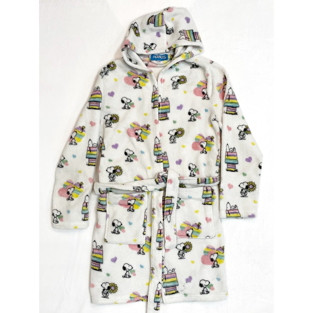 Peanuts Snoopy Woodstock Hooded Plush Robe Ladies S/M White Multi Color